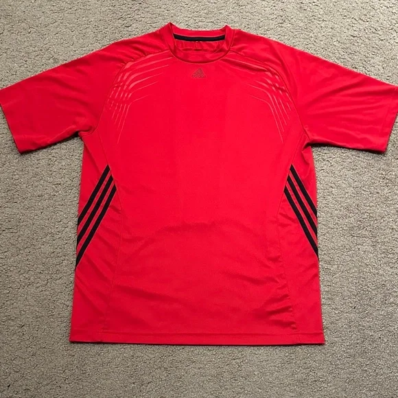 Adidas Men’s Performance Athletic T-Shirt Red Black Stripes Size L - Picture 1 of 5